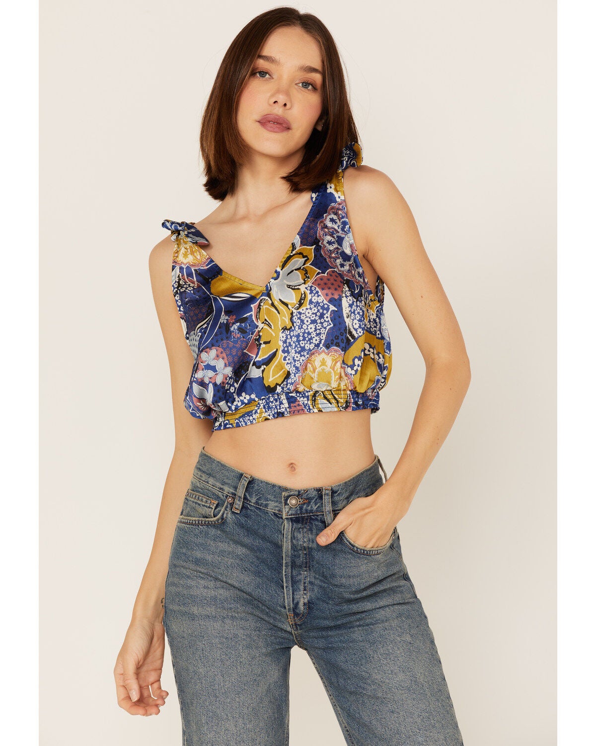 Free People Women's Weekend In Montauk Floral Print Cropped Tank Top, Blue, hi-res