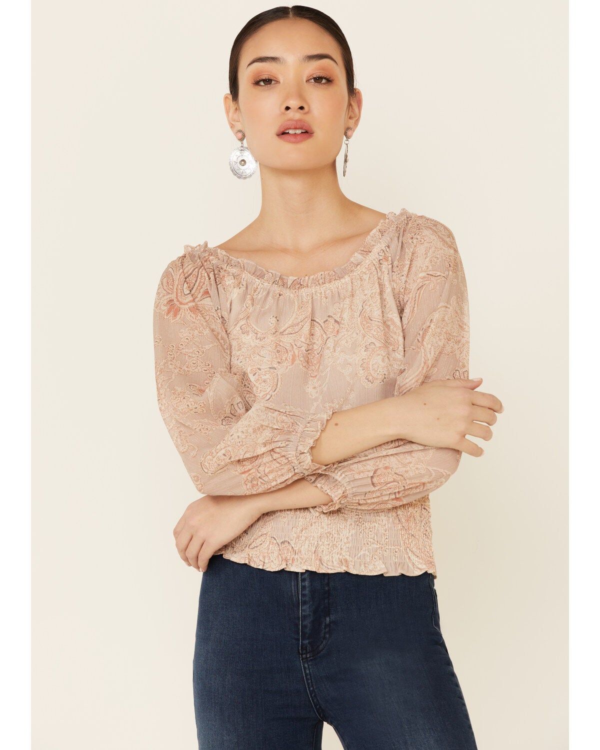 Mystree Women's Floral Paisley Print 3/4 Sleeve Smocked Top, Taupe, hi-res