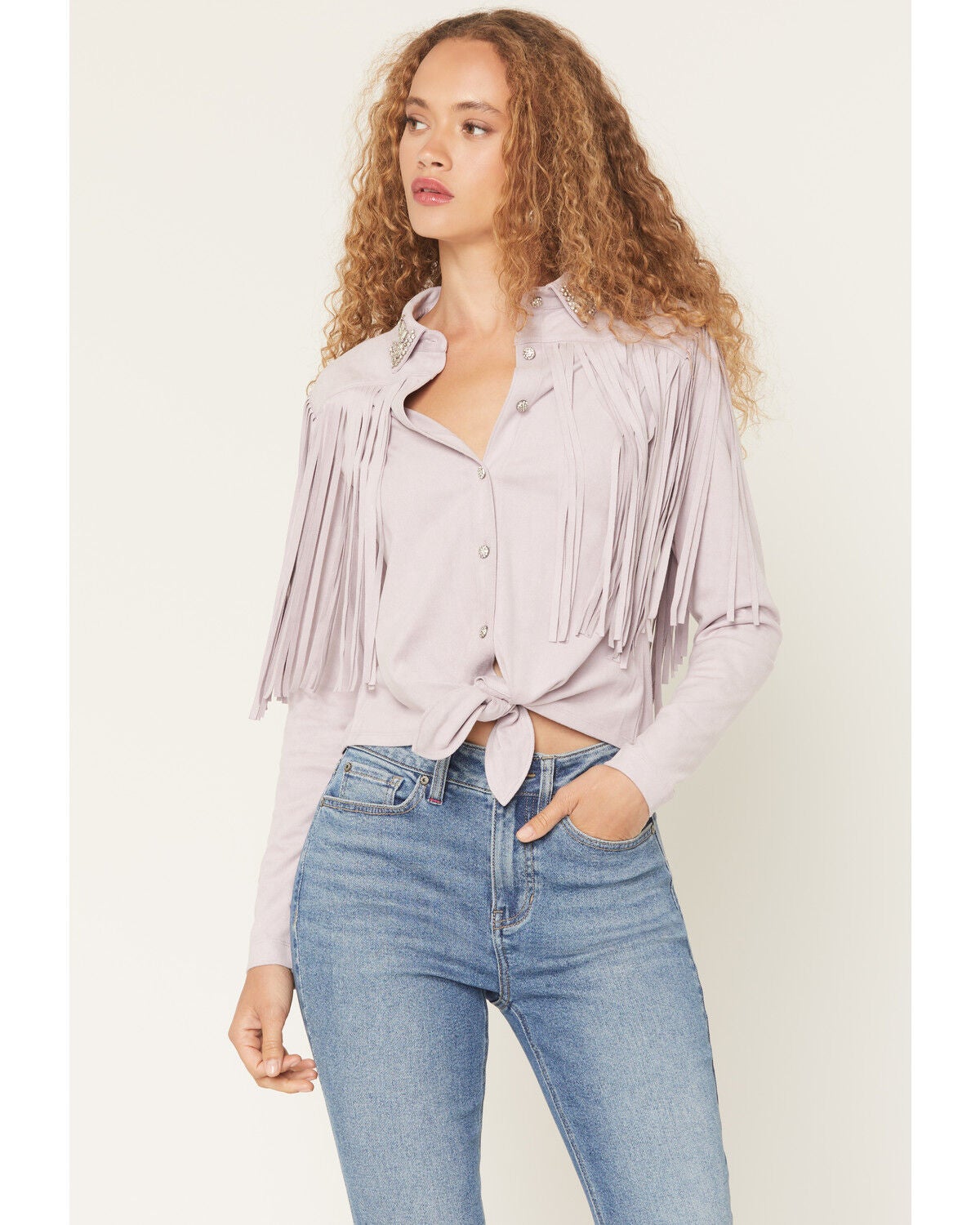 Idyllwind Women's Twinpines Faux Suede Button-Down Tie-Front Top, Lilac, hi-res