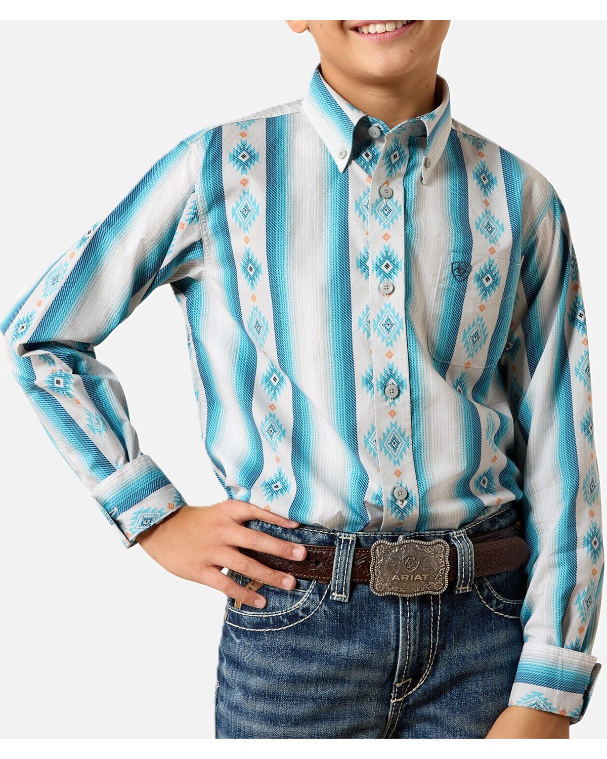 Ariat Boys' Southwestern Serape Striped Long Sleeve Button-Down Western Shirt, Grey, hi-res