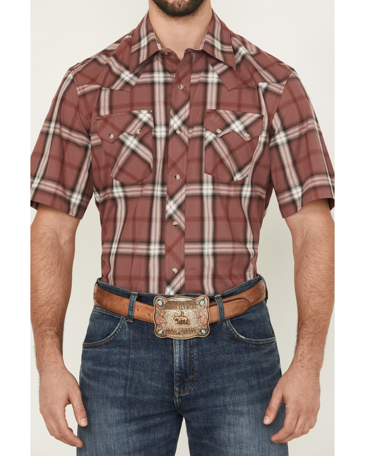 Image #3 - Wrangler Retro Men's Plaid Print Short Sleeve Snap Western Shirt - Tall, Burgundy, hi-res