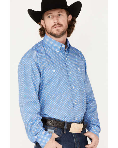 George Strait By Wrangler Men's Geo Print Long Sleeve Button Down Western Shirt , Blue, hi-res