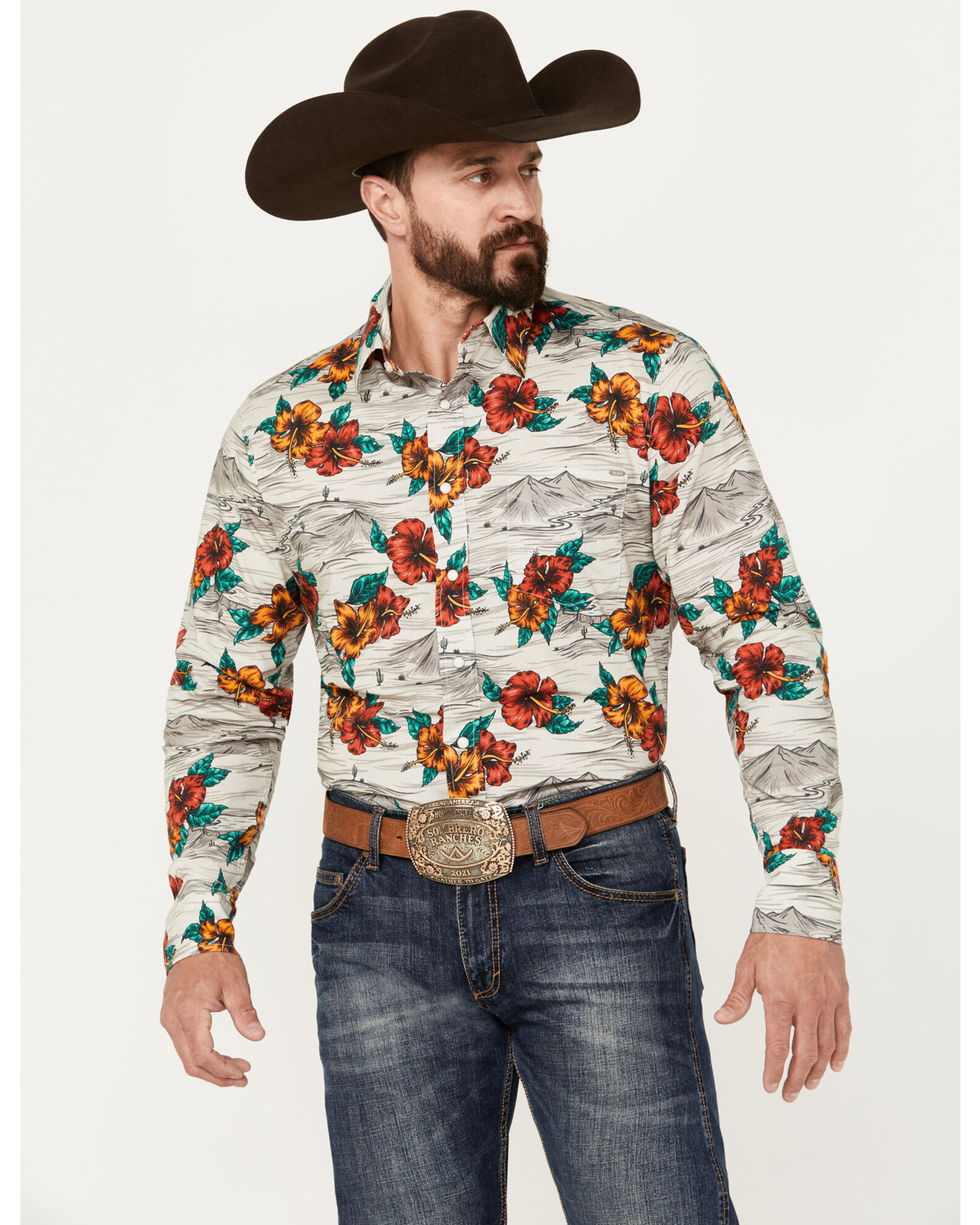 Tin Haul Men's Hawaiian Floral Long Sleeve Western Snap Shirt