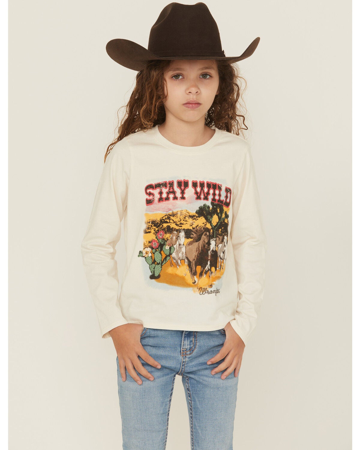 Wrangler Girls' Stay Wild Long Sleeve Graphic Tee, White, hi-res
