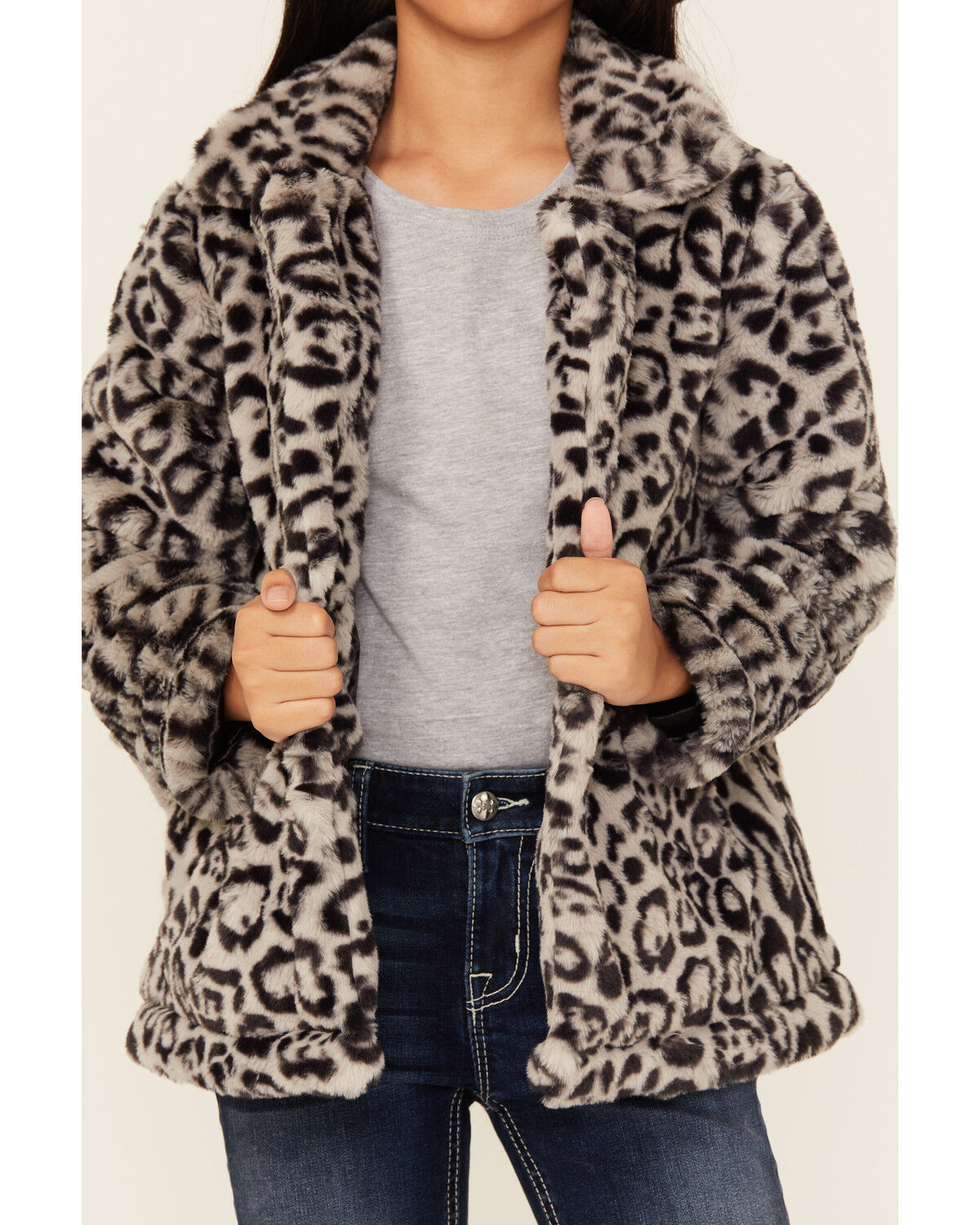 Image #3 - Urban Republic Girls' Jaguar Print Long Faux Fur Coat, Grey, hi-res