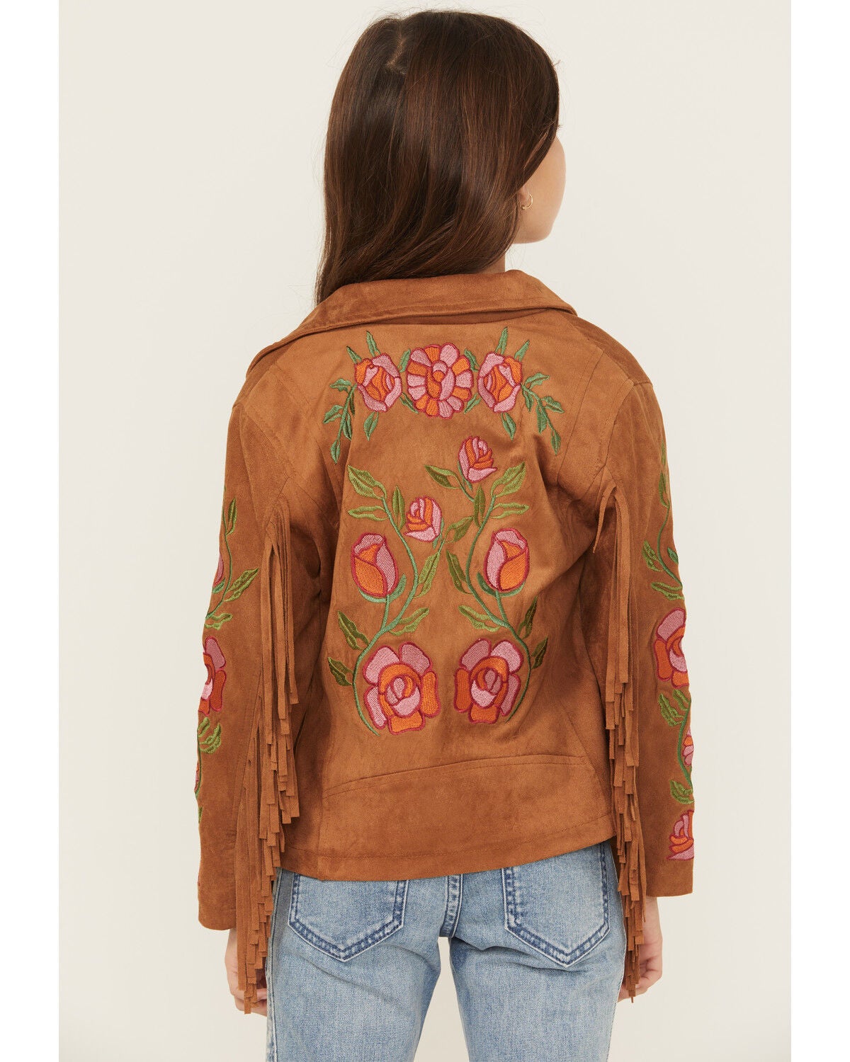 Fornia Girls' Floral Embroidered Fringe Jacket, Camel, hi-res
