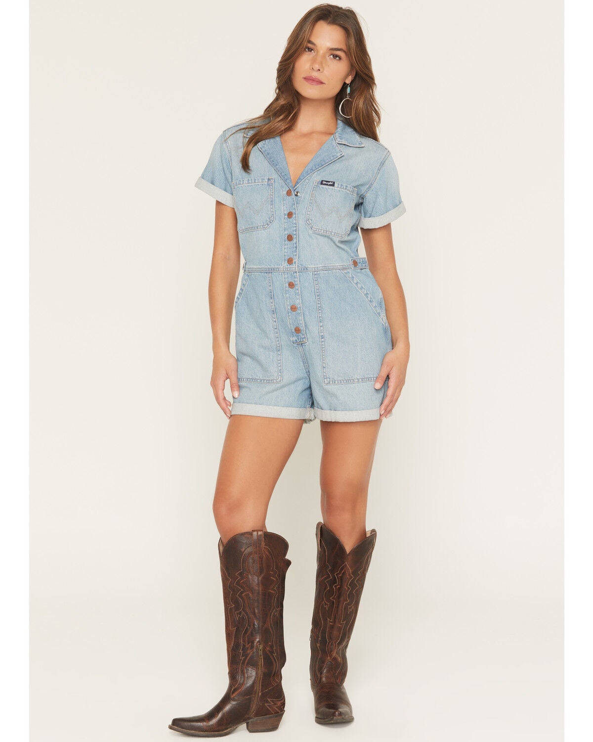 Wrangler Retro Women's Short Sleeve Snap Denim Romper, Blue, hi-res