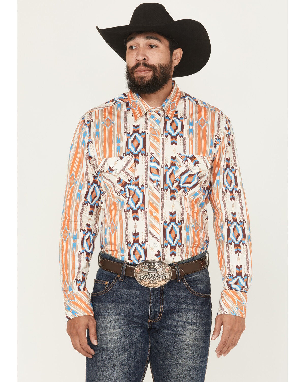 Rock & Roll Denim Men's Southwestern Print Long Sleeve Snap Stretch Western Shirt, Orange, hi-res