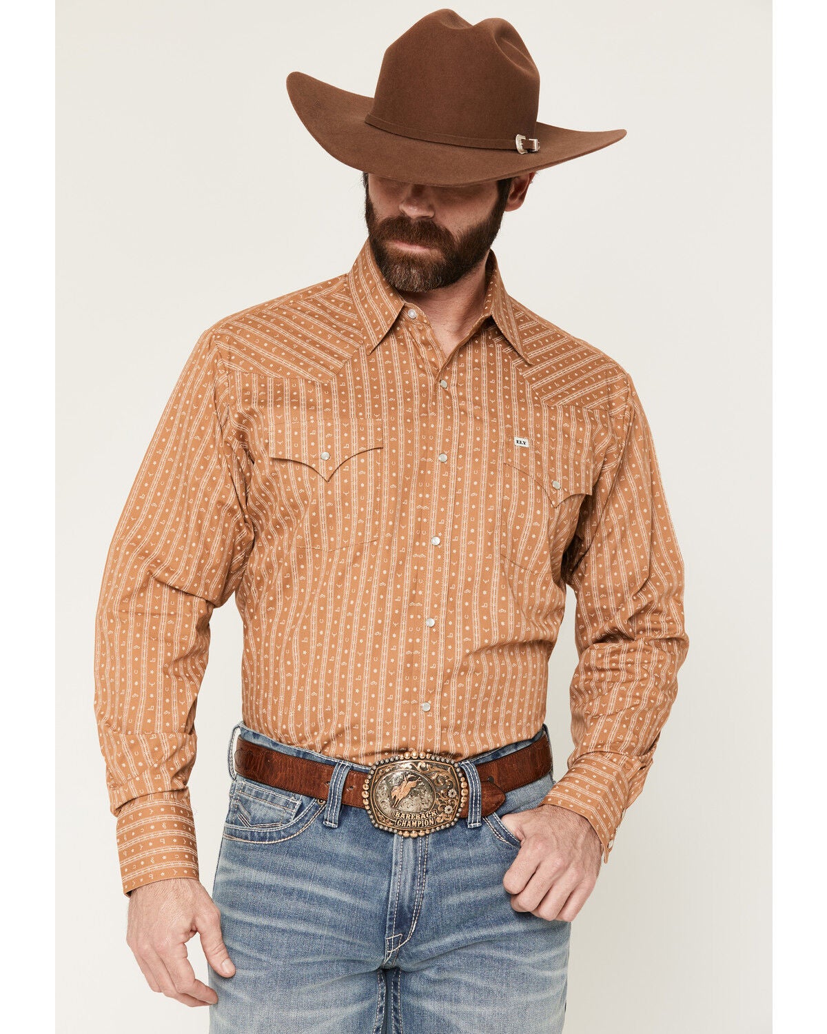Ely Walker Men's Conversation Stripe Print Long Sleeve Snap Western Shirt, Gold, hi-res