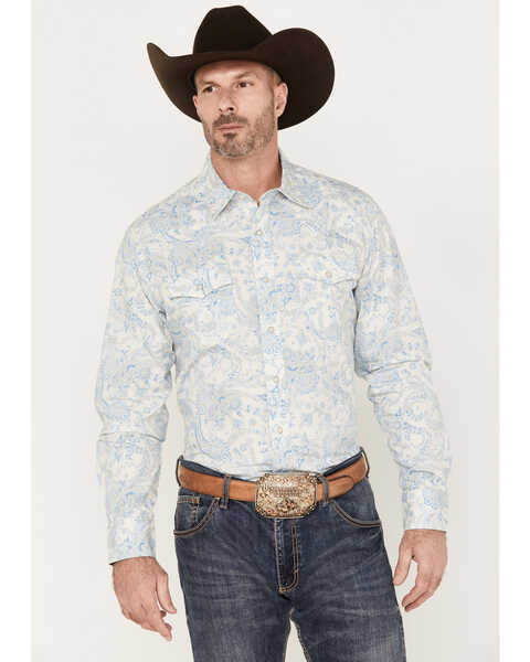 Wrangler Retro Men's Premium Floral Paisley Print Long Sleeve Snap Western Shirt, Aqua, hi-res