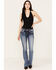 Miss Me Women's Dark Wash Low Rise Tonal Americana Border Bootcut Jeans, Dark Wash, hi-res