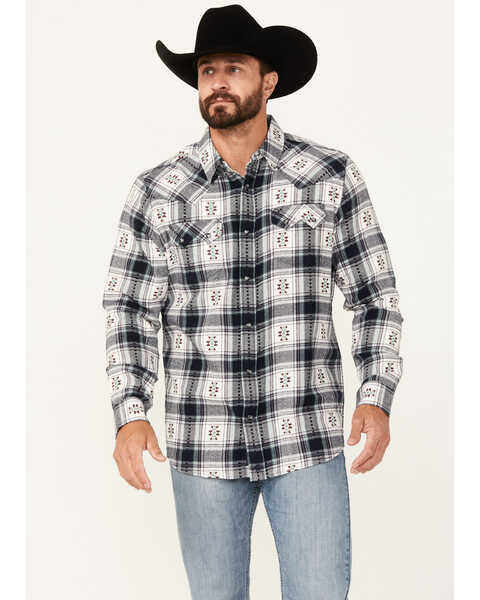 Moonshine Spirit Men's Smoke Signal Southwestern Plaid Print Long Sleeve Snap Western Shirt, Tan, hi-res