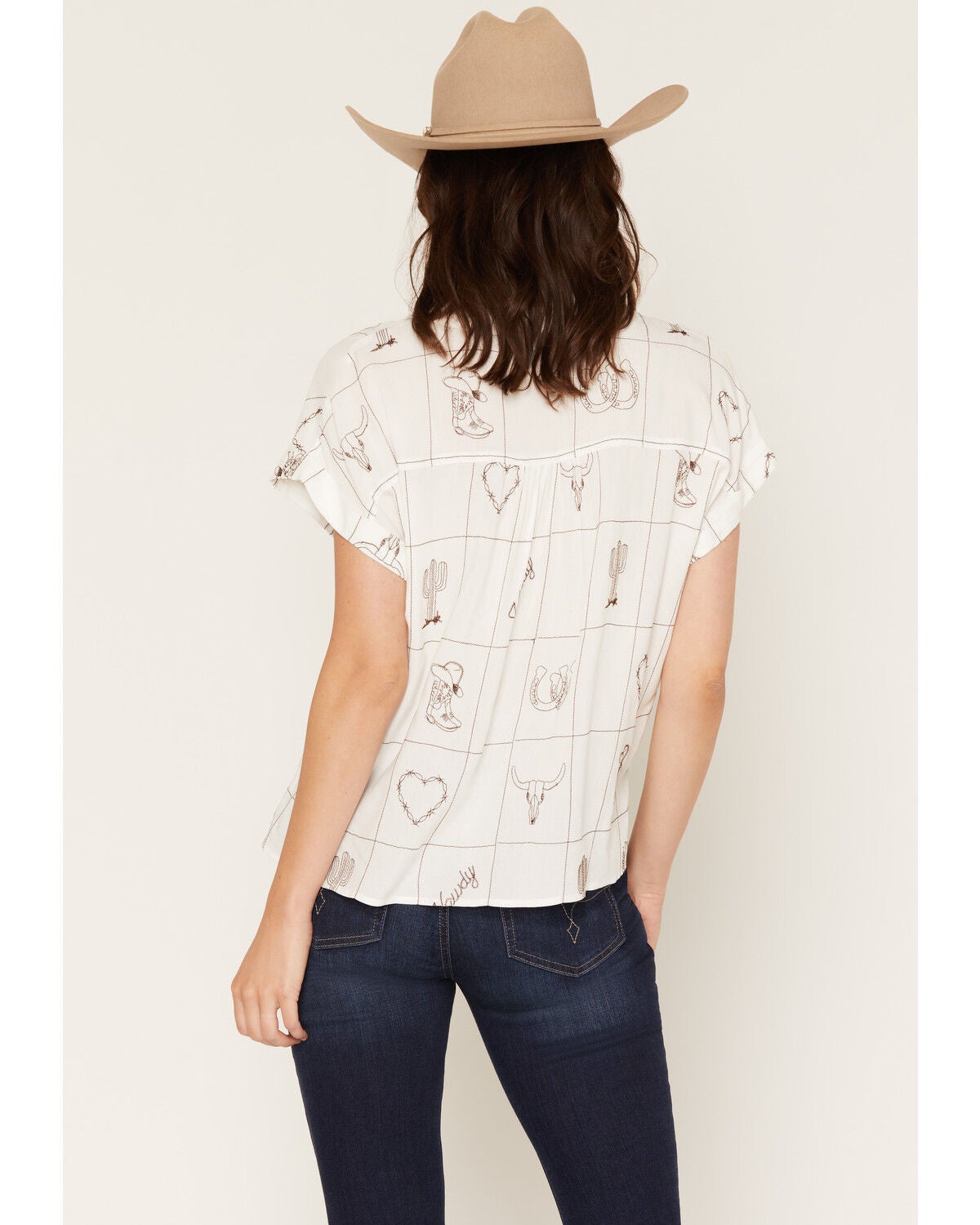 Image #4 - Olive Hill Women's Boot Barn Exclusive Embroidered Western Motif Short Sleeve Button-Down Western Shirt, Ivory, hi-res