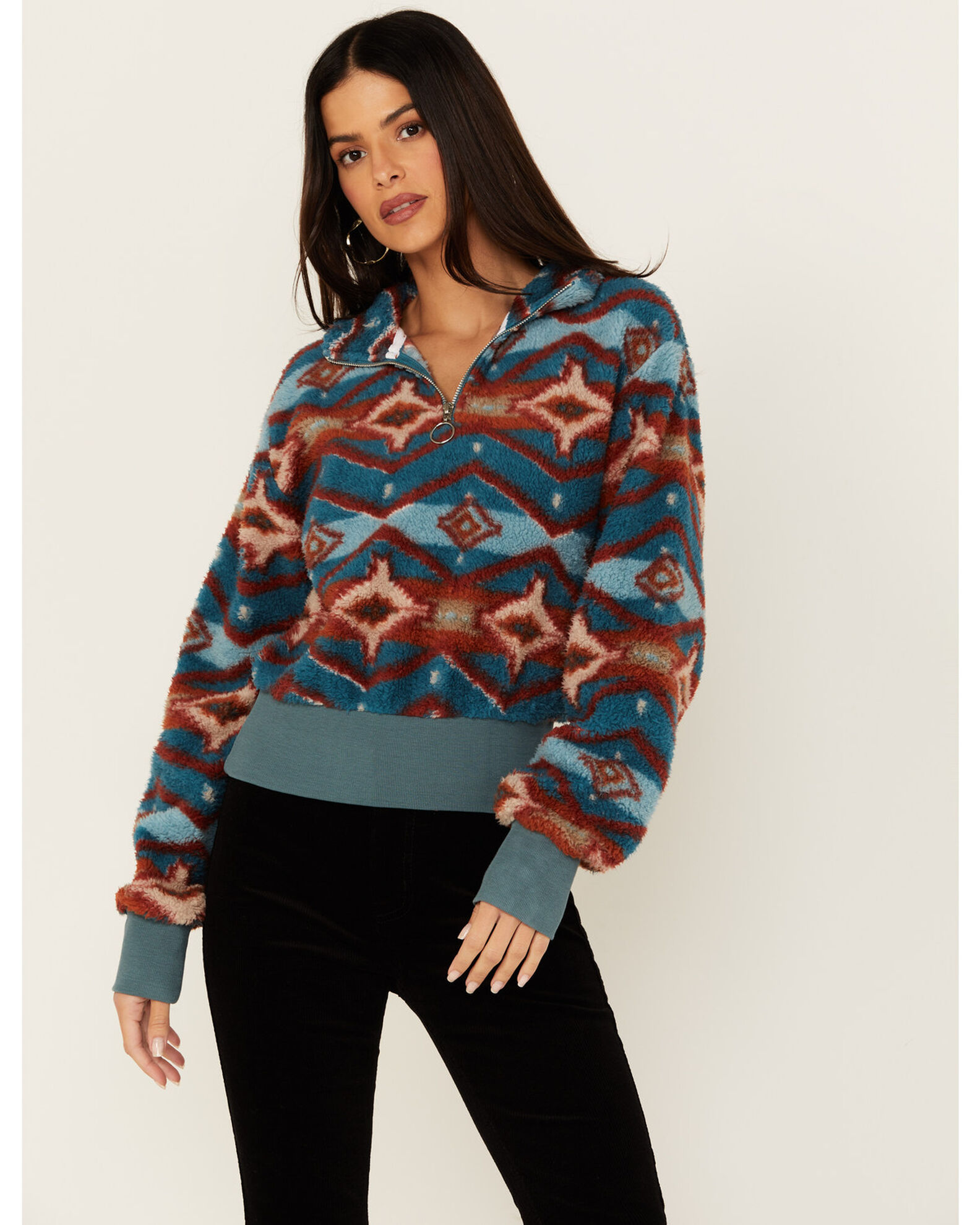 Rock Roll Denim Women s Southwestern Print Sherpa 1 4 Zip