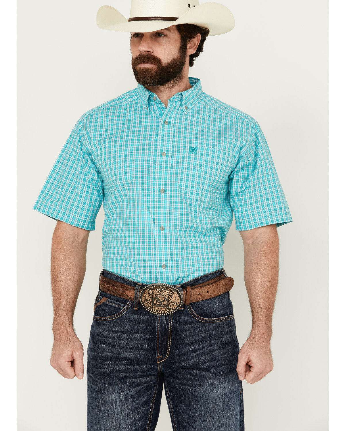 Image #1 - Ariat Men's Jensen Plaid Print Short Sleeve Button-Down Performance Western Shirt, Turquoise, hi-res