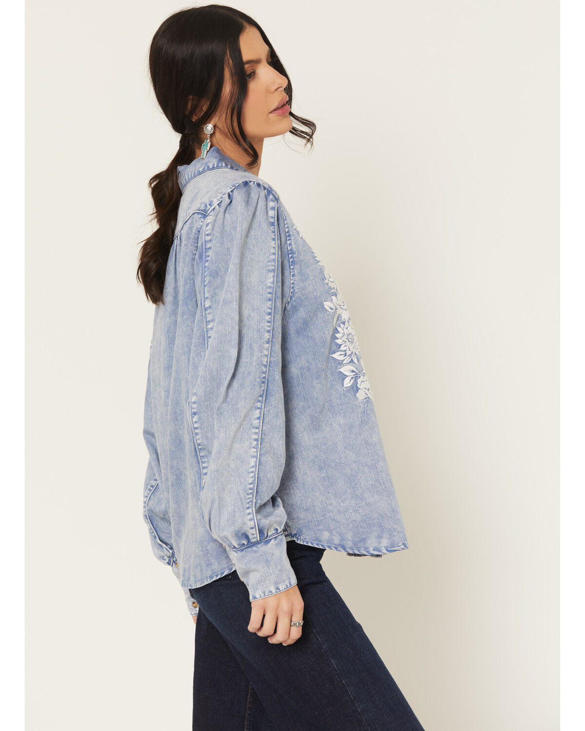 Image #2 - Kimes Ranch Women's Mae Floral Embroidered Long Sleeve Snap Relaxed Fit Western Shirt, Light Blue, hi-res