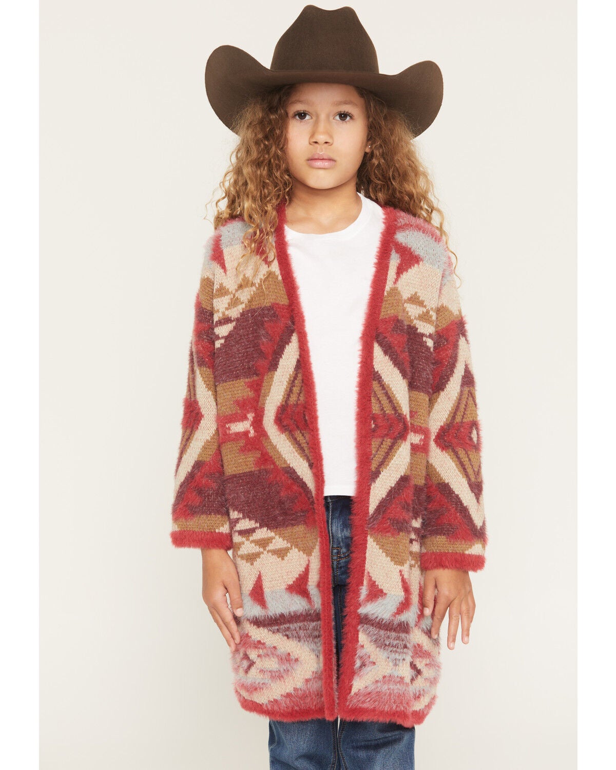 Image #1 - Shyanne Girls' Southwestern Print Eyelash Yarn Cardigan, Red, hi-res