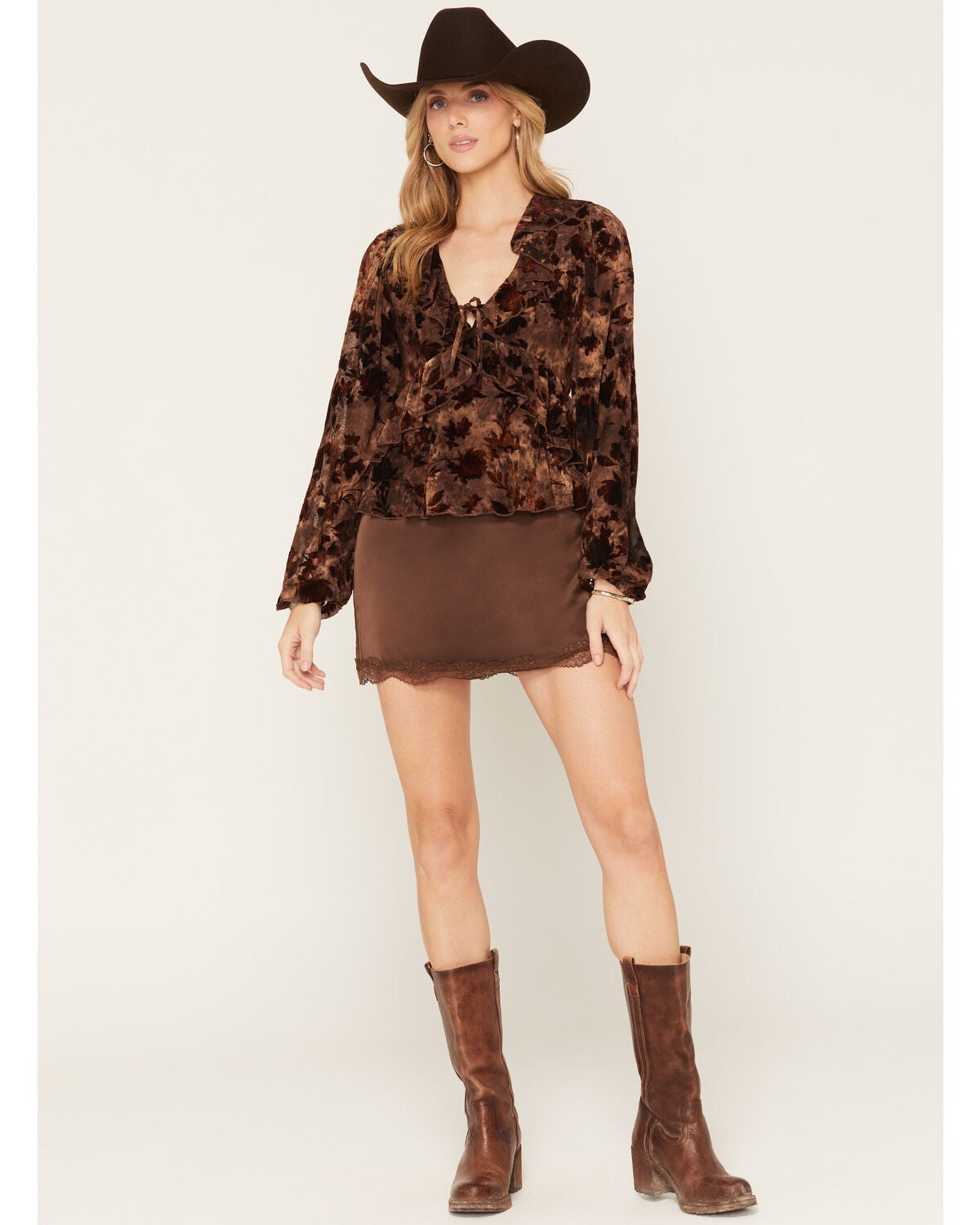 Cleo + Wolf Women's Lace Trim Satin Mini Skort, Brown, hi-res