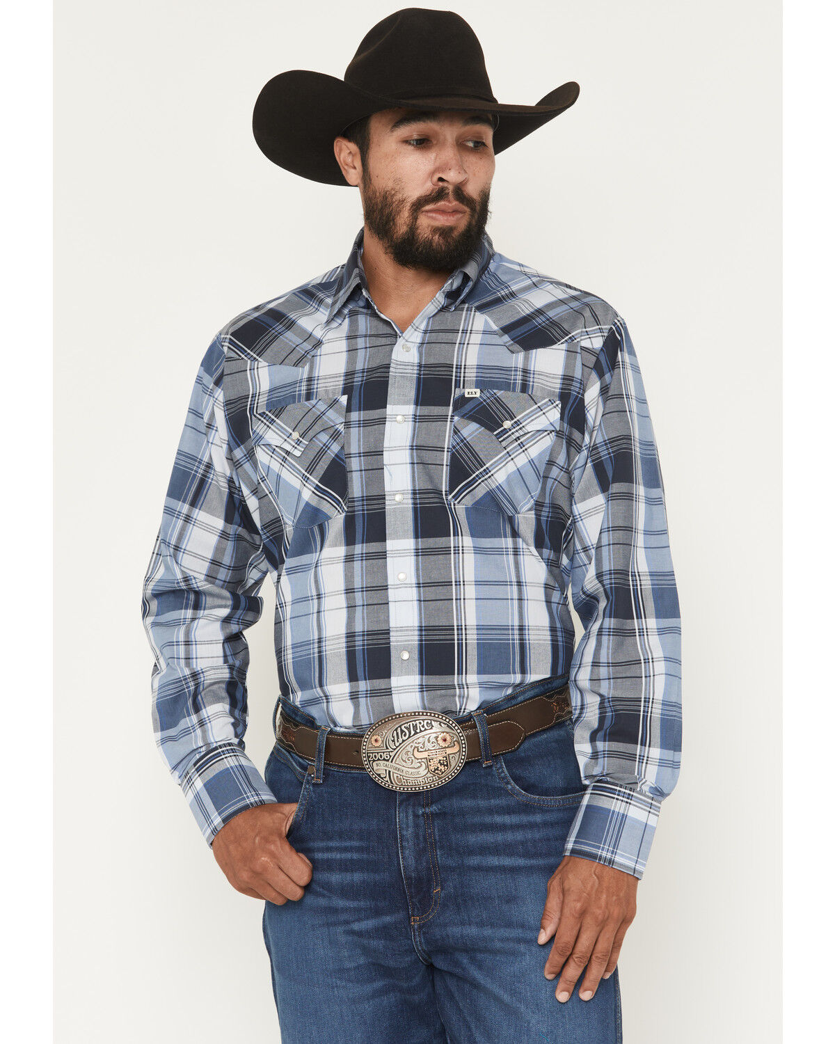 Image #1 - Ely Walker Men's Plaid Print Long Sleeve Pearl Snap Western Shirt - Tall, Blue, hi-res