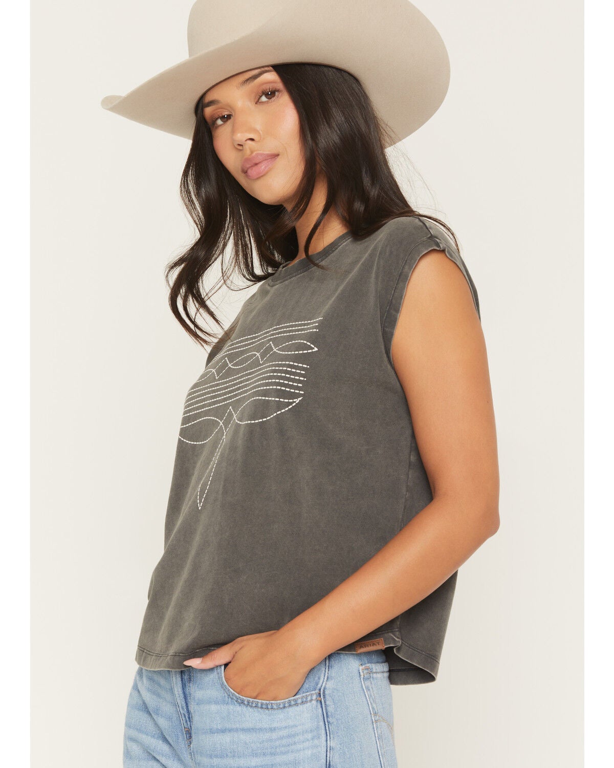 Image #2 - Ariat Women's Bootstitch Sleeveless Cropped Tee, Black, hi-res