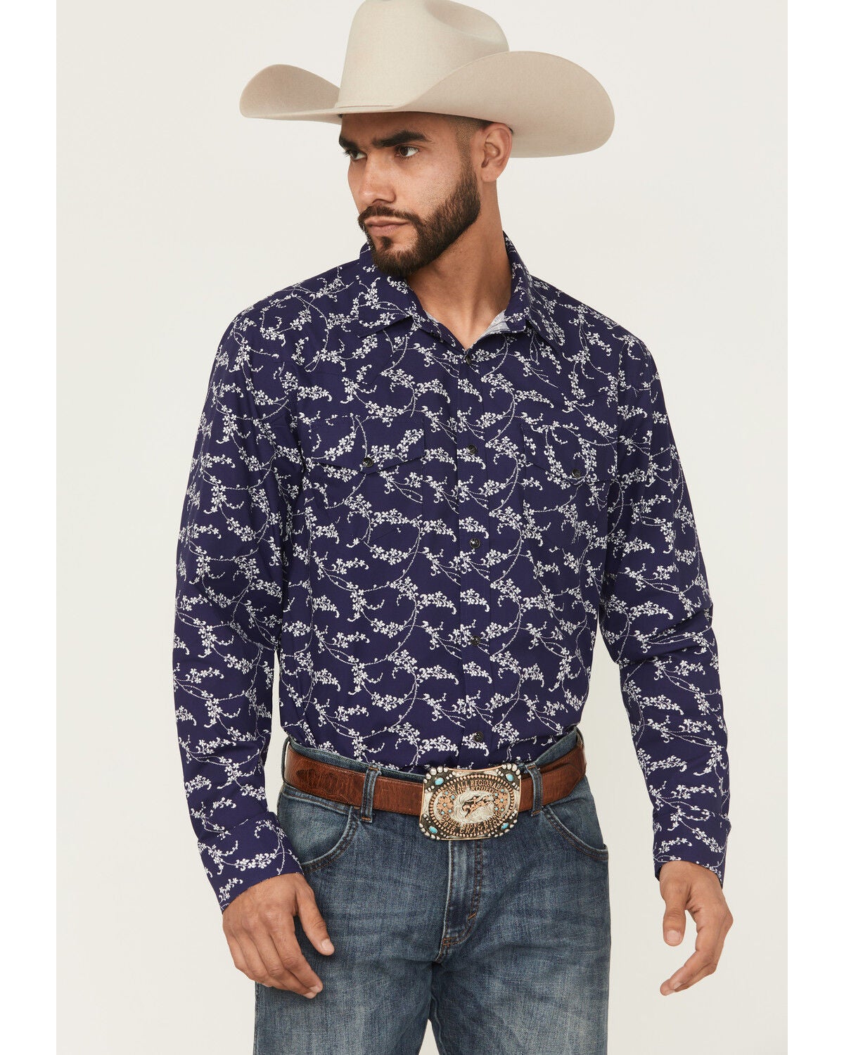 Gibson Trading Co Men's Blossom Floral Print Long Sleeve Snap Western Shirt, Navy, hi-res
