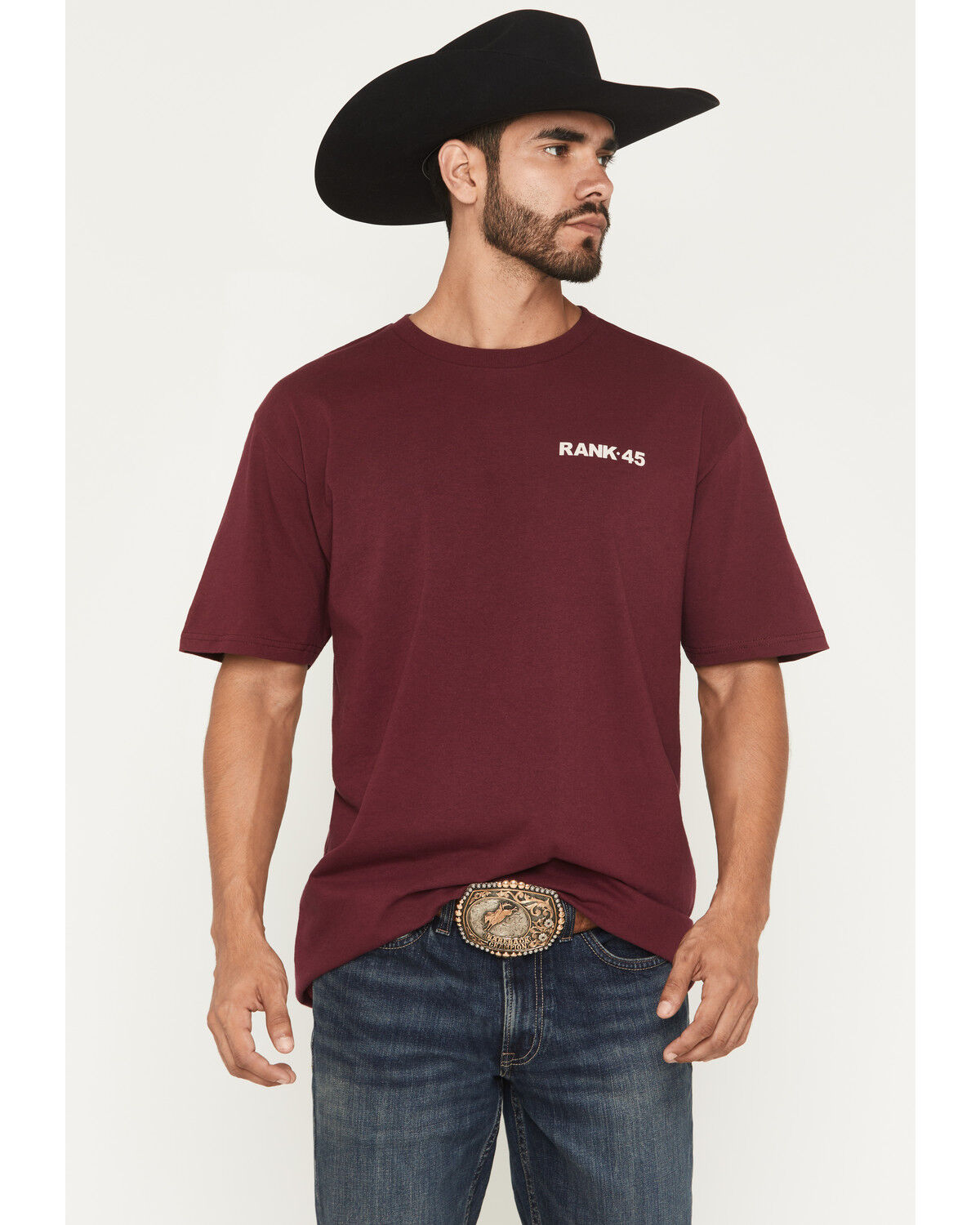 Image #2 - RANK 45® Men's Half Steer Skull Logo Short Sleeve Graphic T-Shirt, Burgundy, hi-res