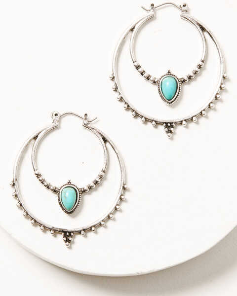 Image #1 - Prime Time Jewelry Women's Silver & Turquoise Double Hoop Beaded Earrings, Silver, hi-res