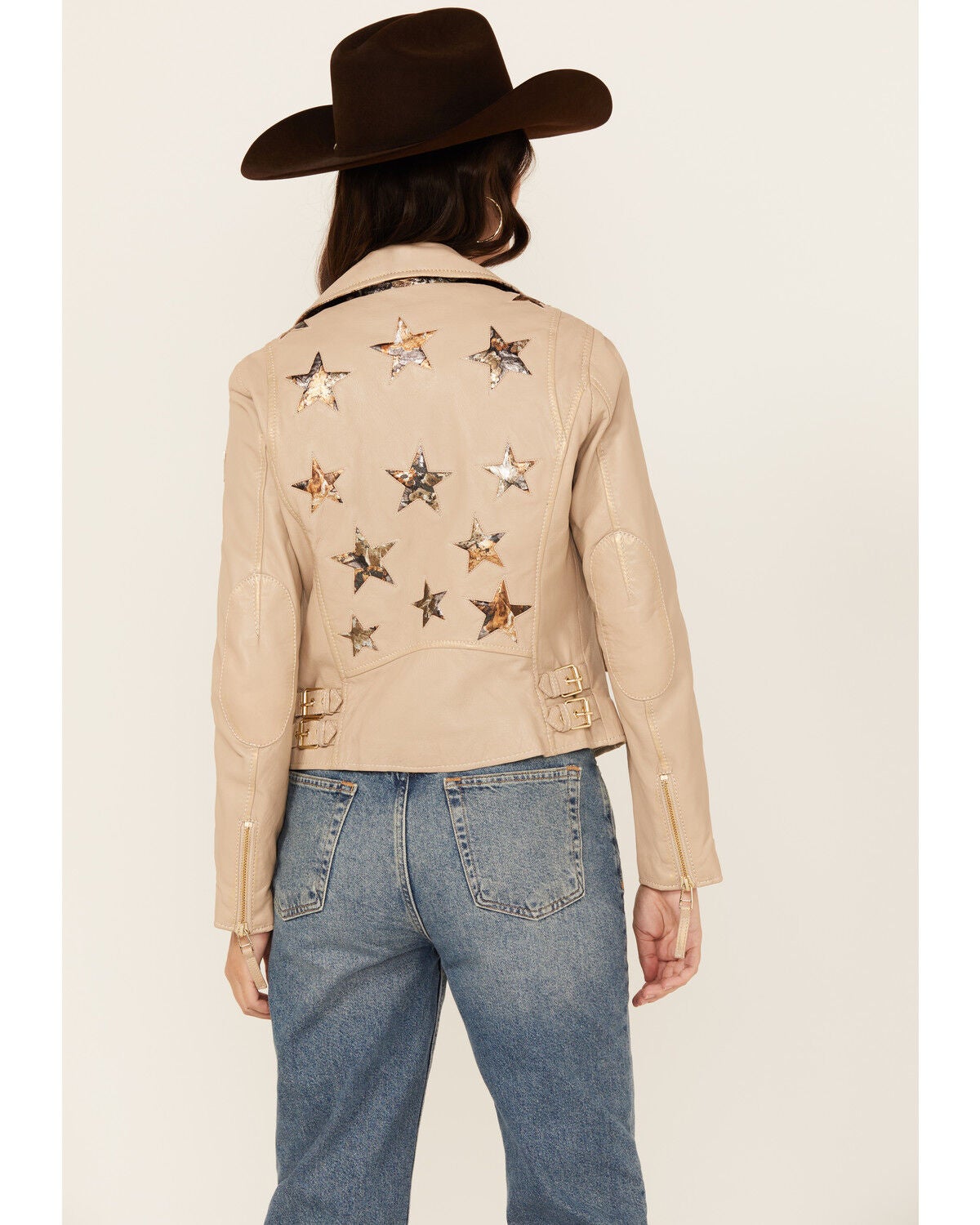 Mauritius Leather Women's Christy Scatter Star Leather Jacket, Beige, hi-res
