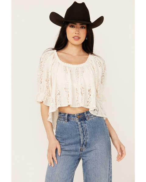 Free People Women's Stacey Lace Cropped Shirt, Ivory, hi-res