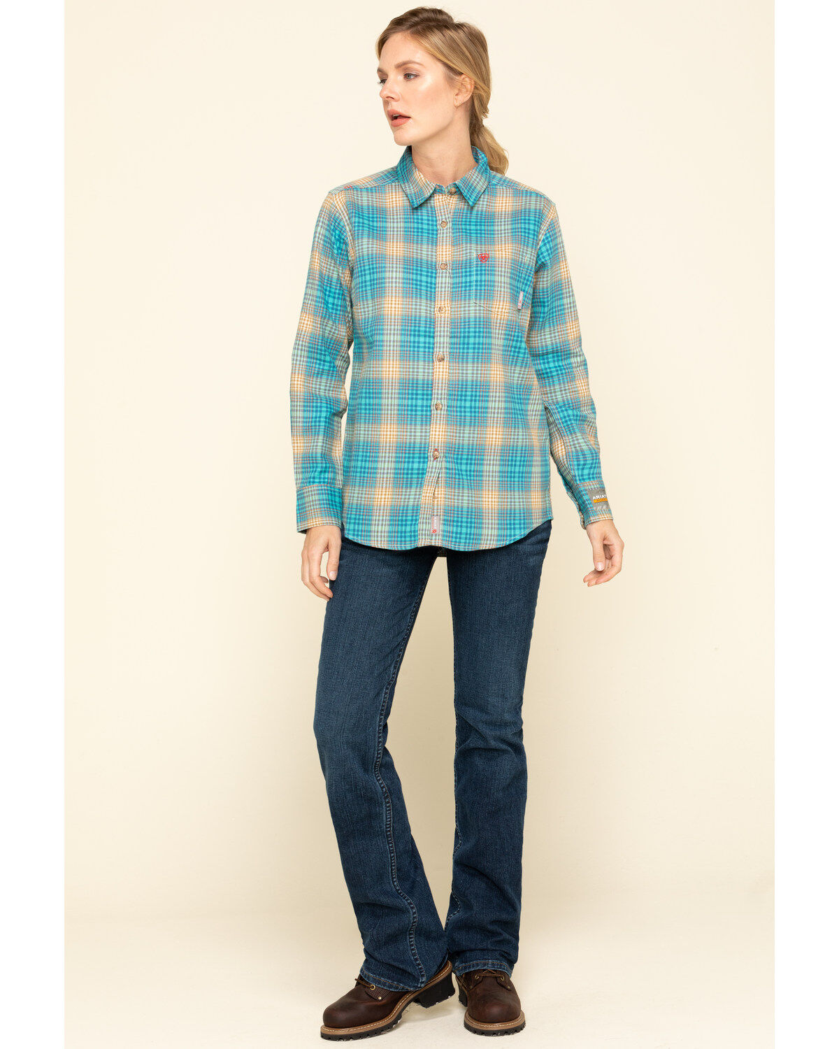 Image #6 - Ariat Women's Boot Barn Exclusive FR Savana Plaid Print Long Sleeve Work Shirt, , hi-res
