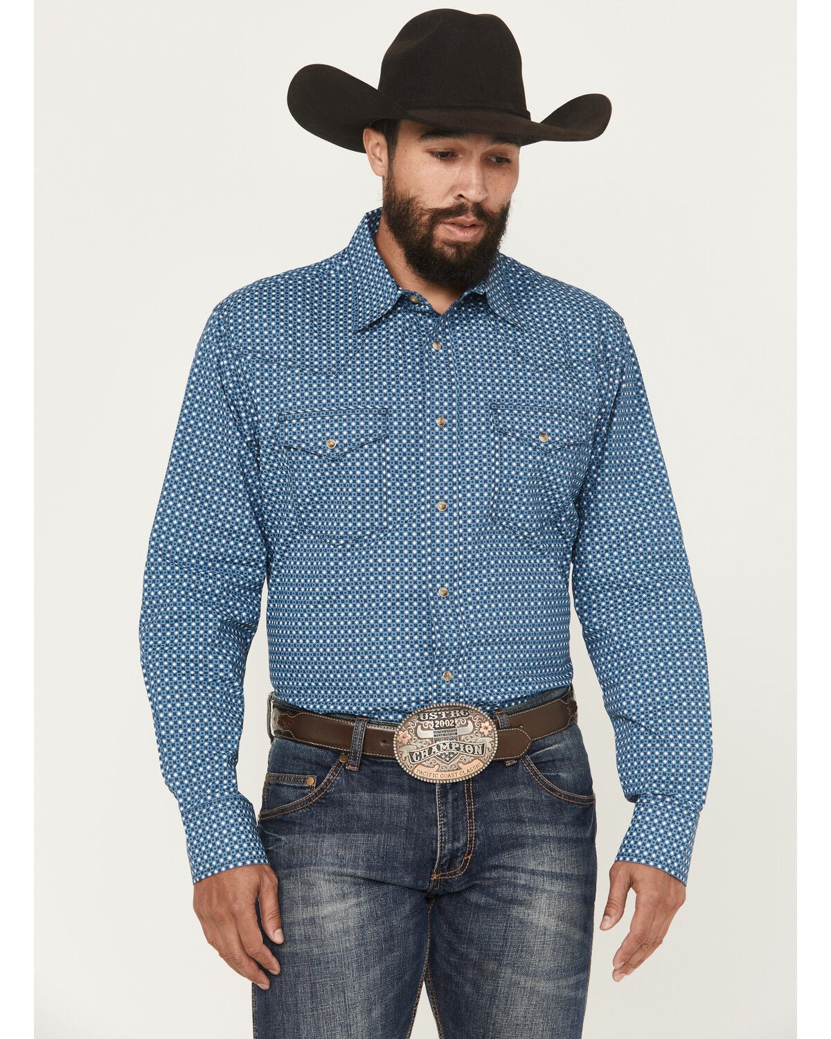 Wrangler 20X Men's Geo Print Long Sleeve Snap Stretch Western Shirt, Blue, hi-res