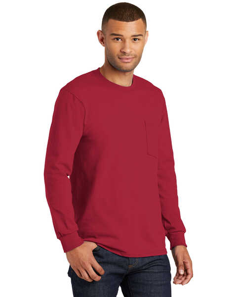Image #3 - Port & Company Men's Red Essential Pocket Long Sleeve Work T-Shirt, , hi-res