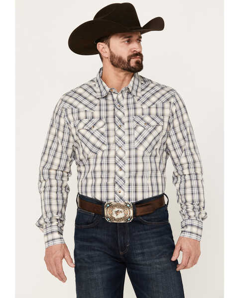 Wrangler Men's Plaid Print Long Sleeve Snap Western Shirt, Grey, hi-res