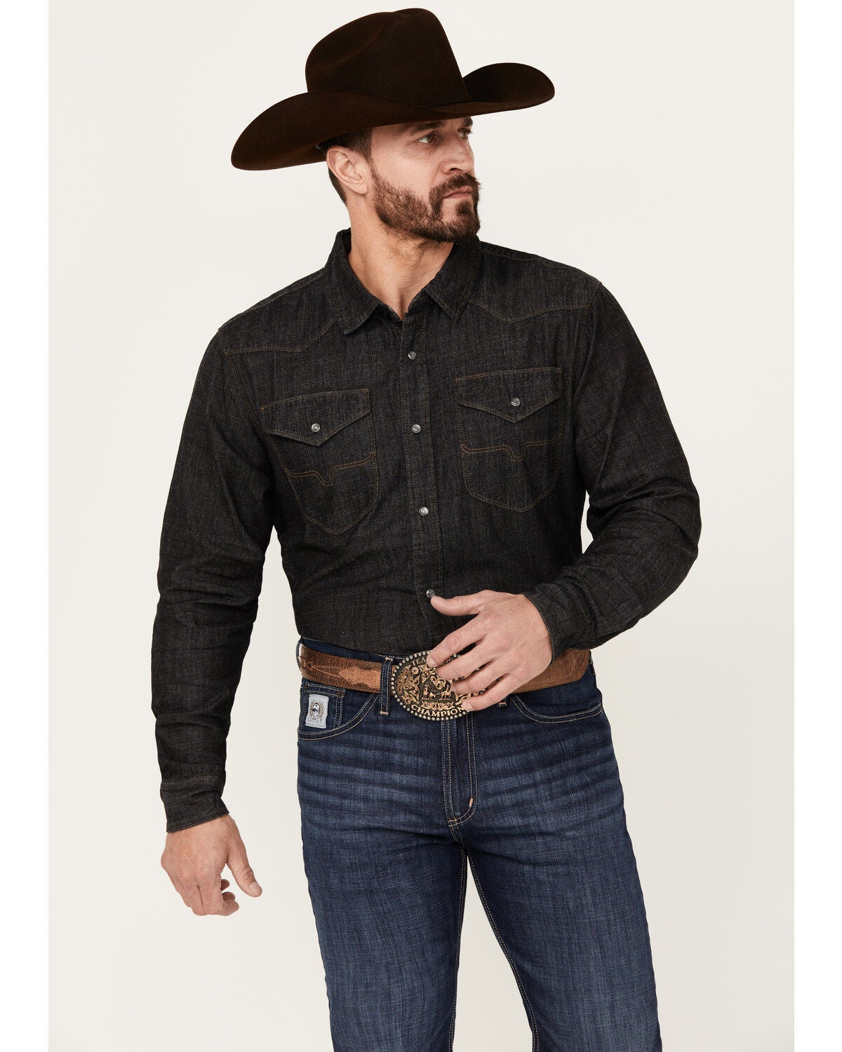 Kimes Ranch Men's Grimes Wash Denim Long Sleeve Pearl Snap Western Shirt, Black, hi-res