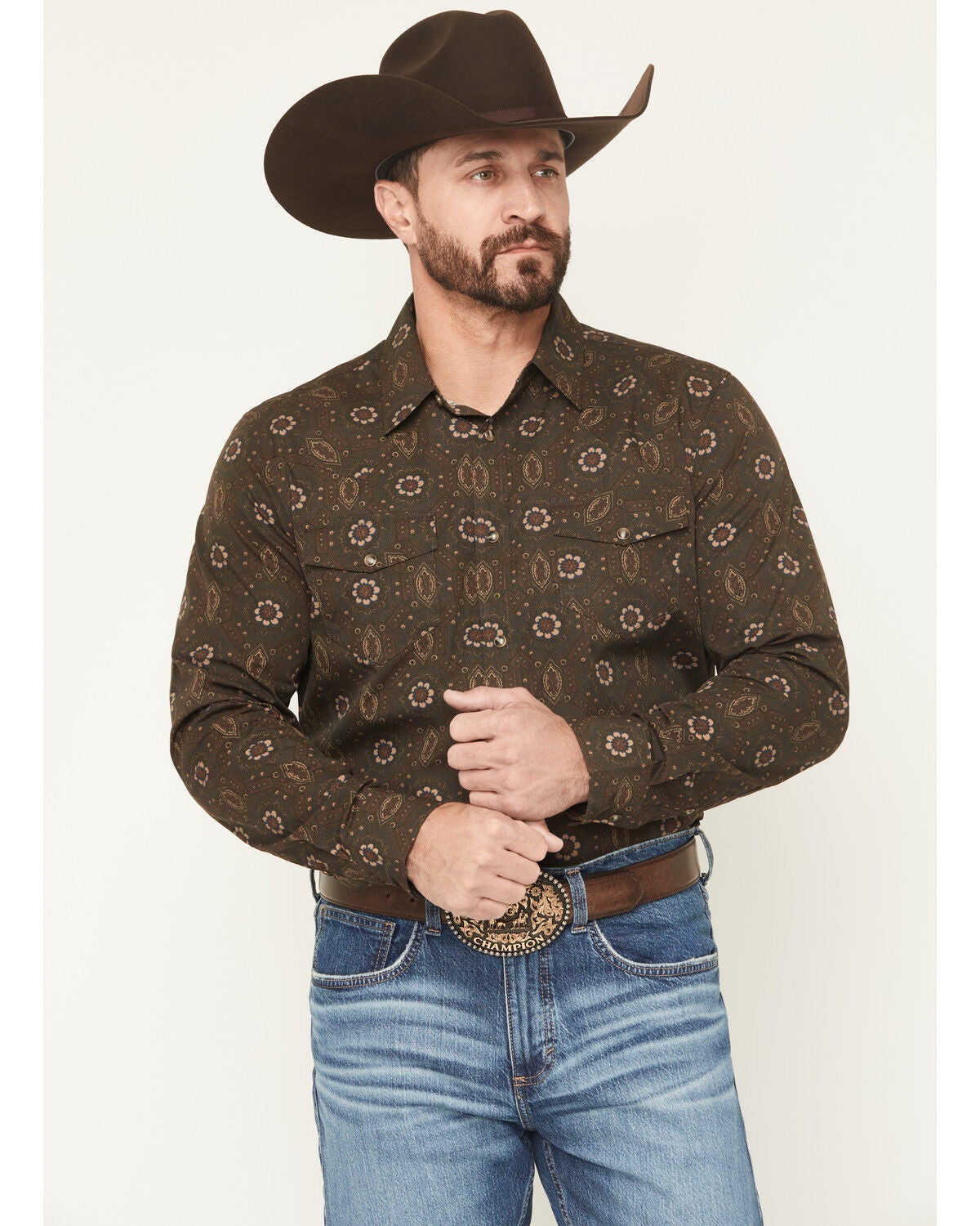 Gibson Trading Co Men's Bourbon Street Medallion Print Long Sleeve Snap Stretch Western Shirt - Big, Brown, hi-res