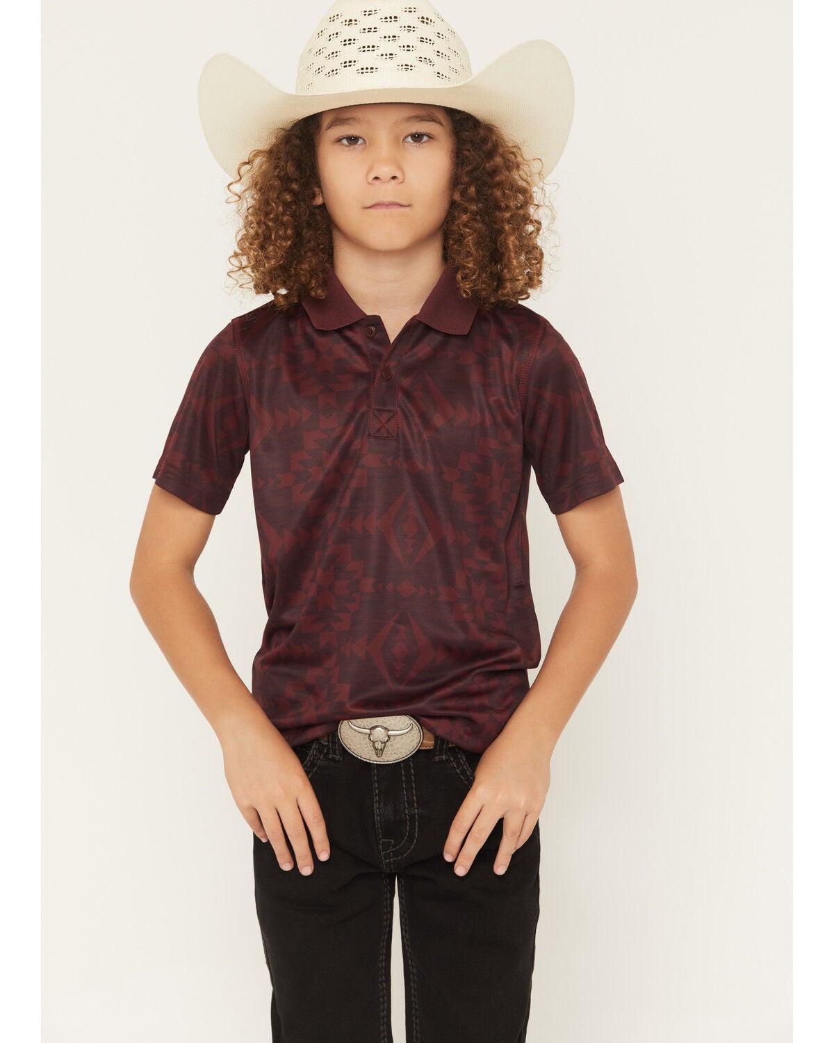 RANK 45&reg; Boys' Tonal Southwestern Print Short Sleeve Button-Down Polo, Burgundy, hi-res