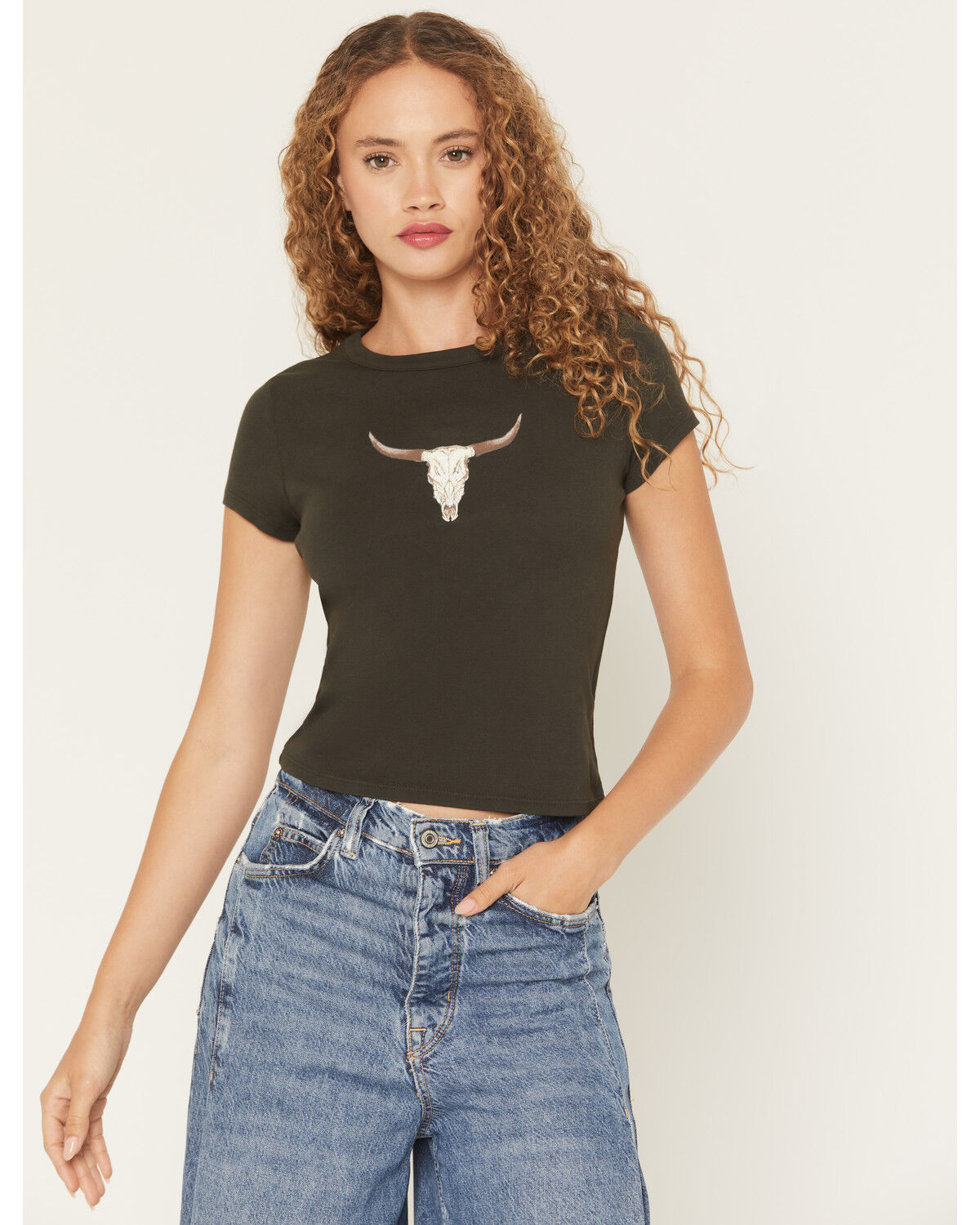 Image #1 - Originality Women's Steerhead Short Sleeve Graphic Baby Tee, Black, hi-res