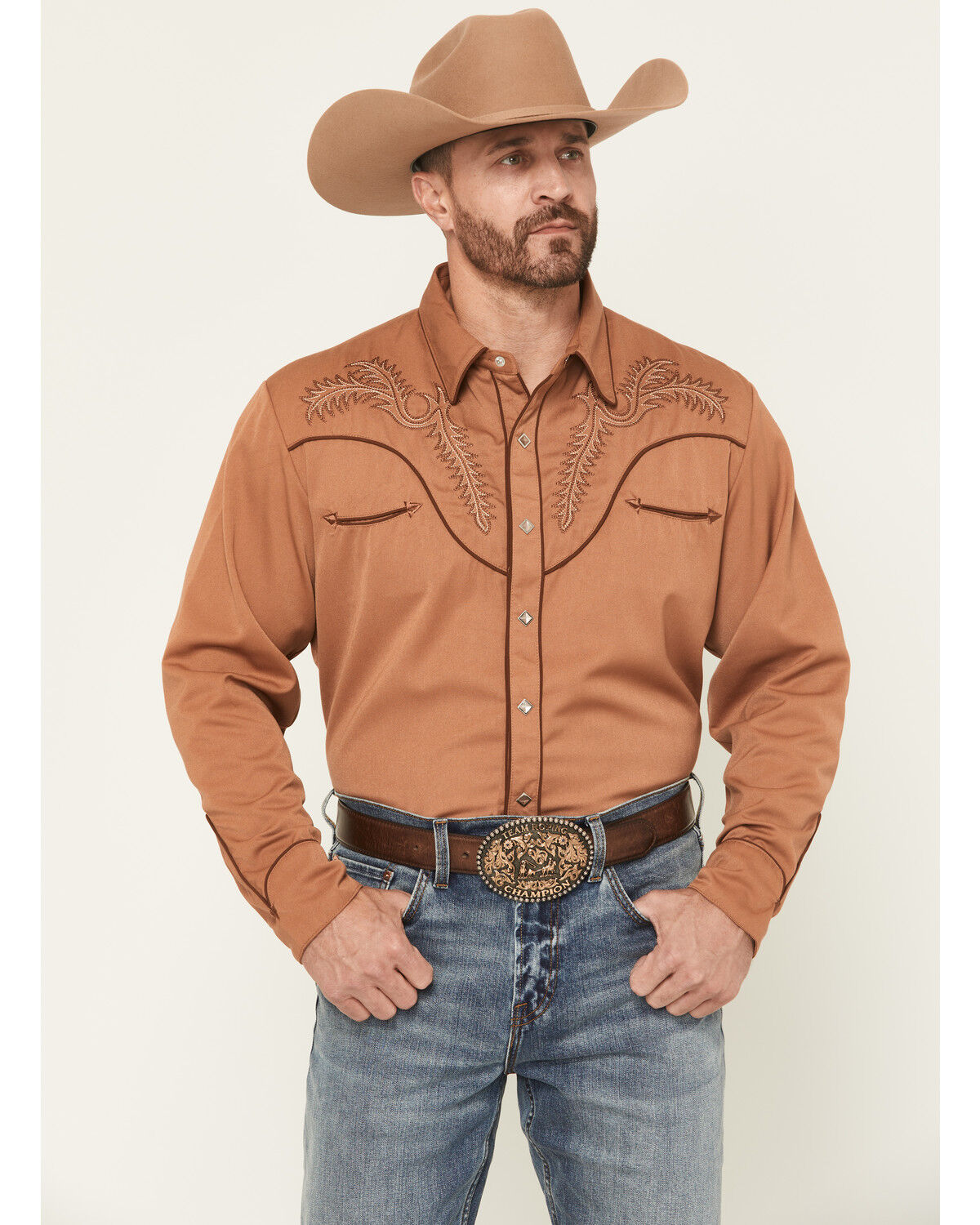 Image #1 - Scully Men's Embroidered Long Sleeve Snap Western Shirt - Big, Brown, hi-res