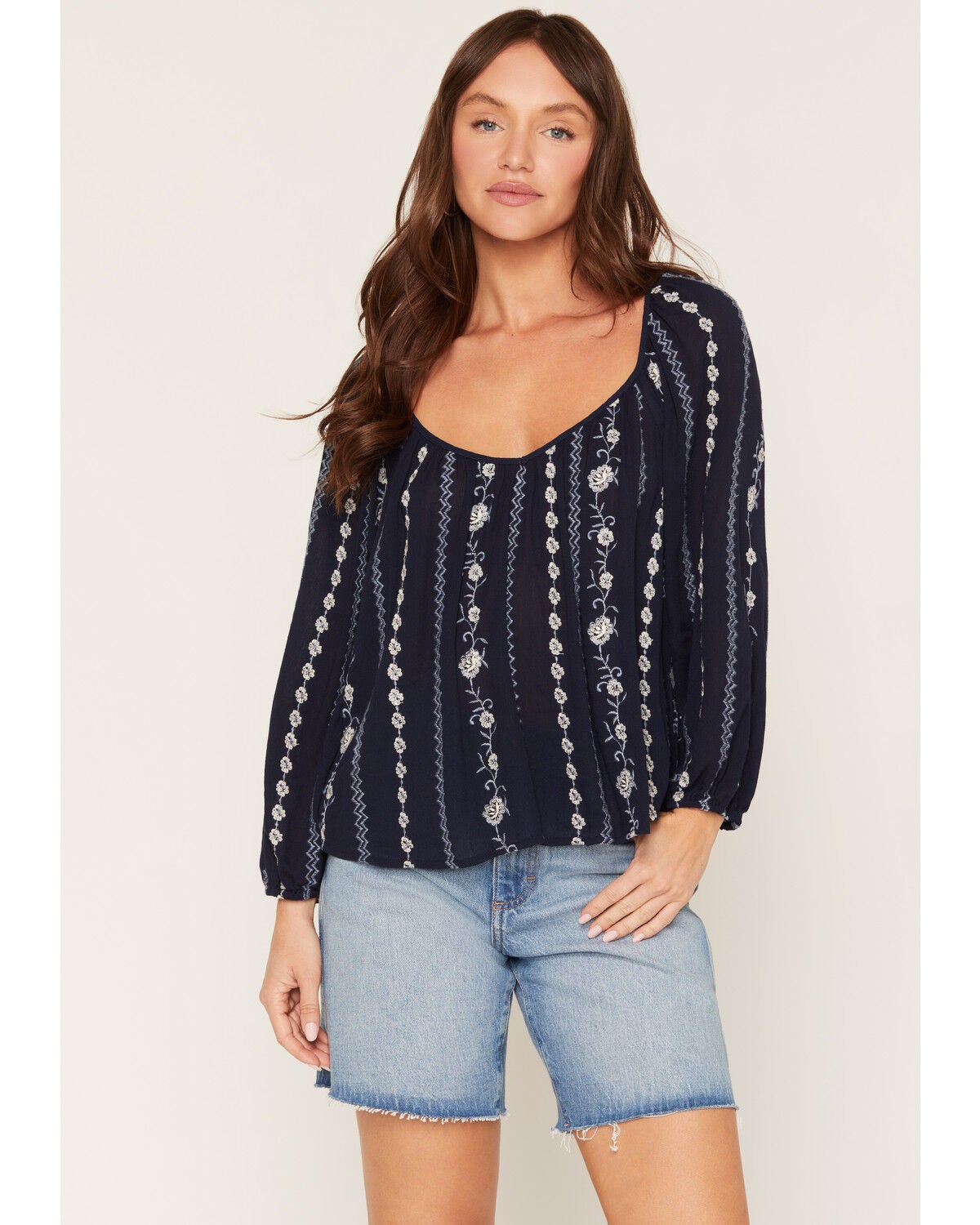 Lovestitch Women's Floral Striped Long Sleeve Top, Navy, hi-res
