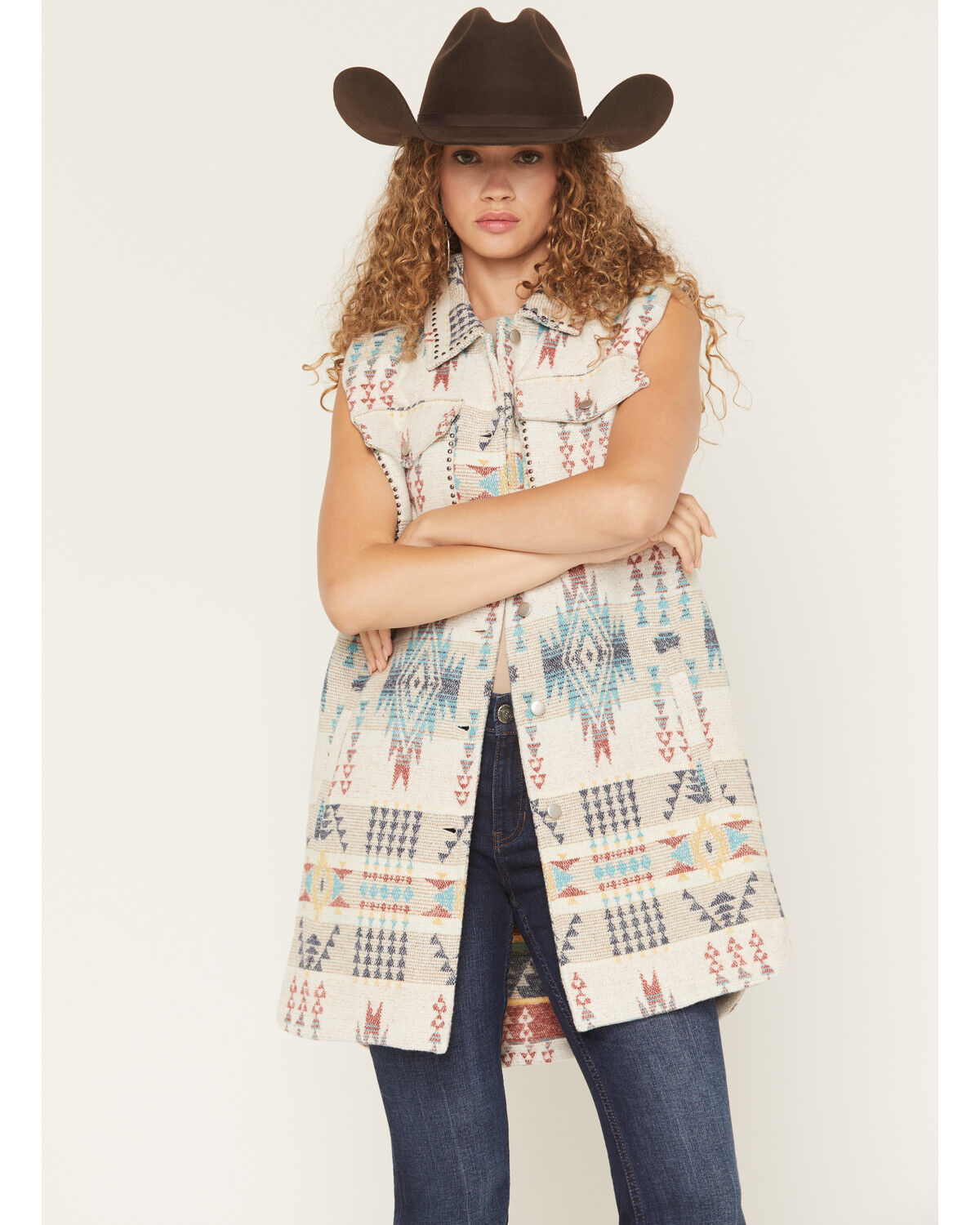 Image #1 - Cotton & Rye Women's Boot Barn Exclusive Studded Southwestern Print Long Vest, Ivory, hi-res