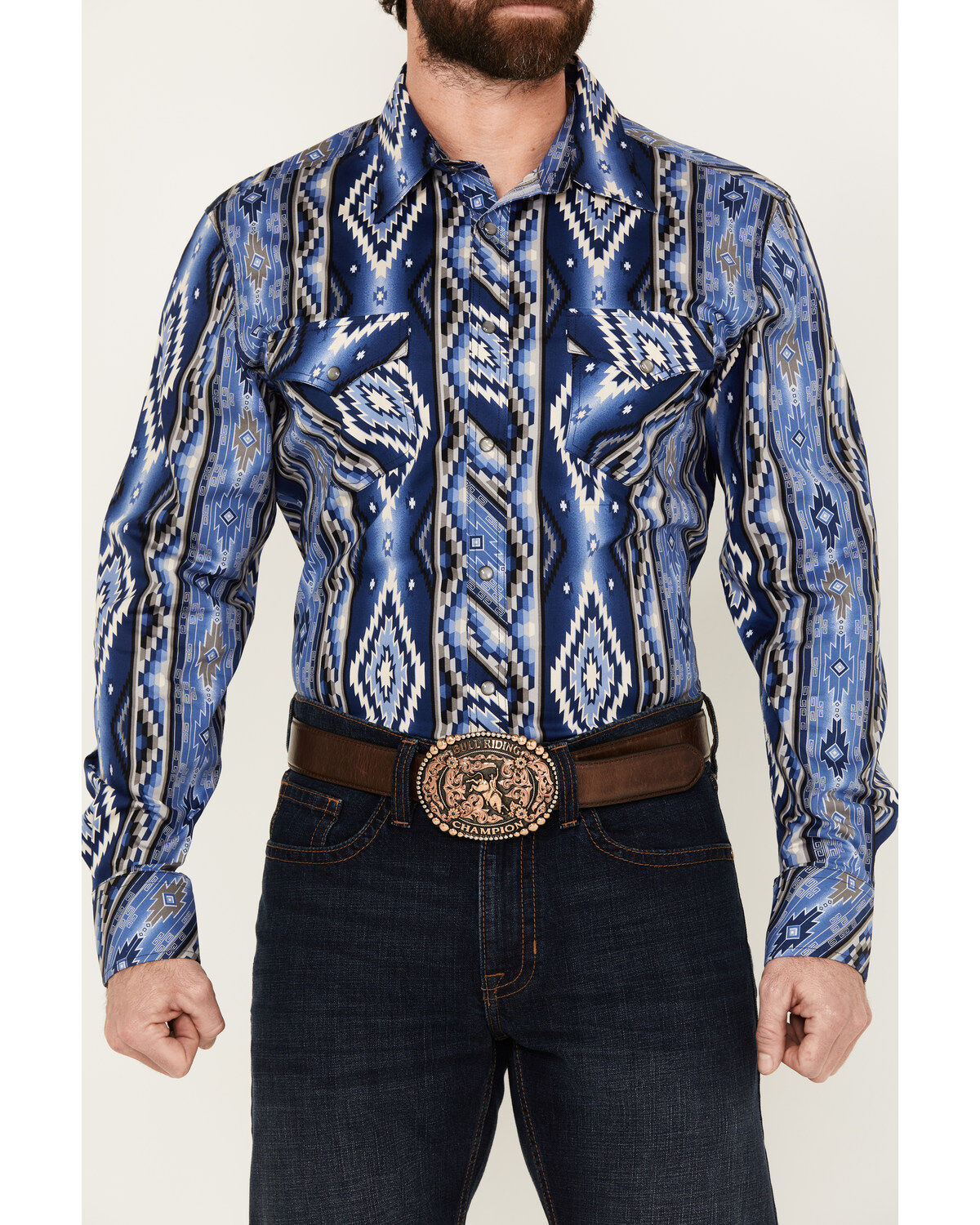 Image #3 - Rock & Roll Denim Men's Southwestern Striped Long Sleeve Pearl Snap Stretch Western Shirt, Blue, hi-res