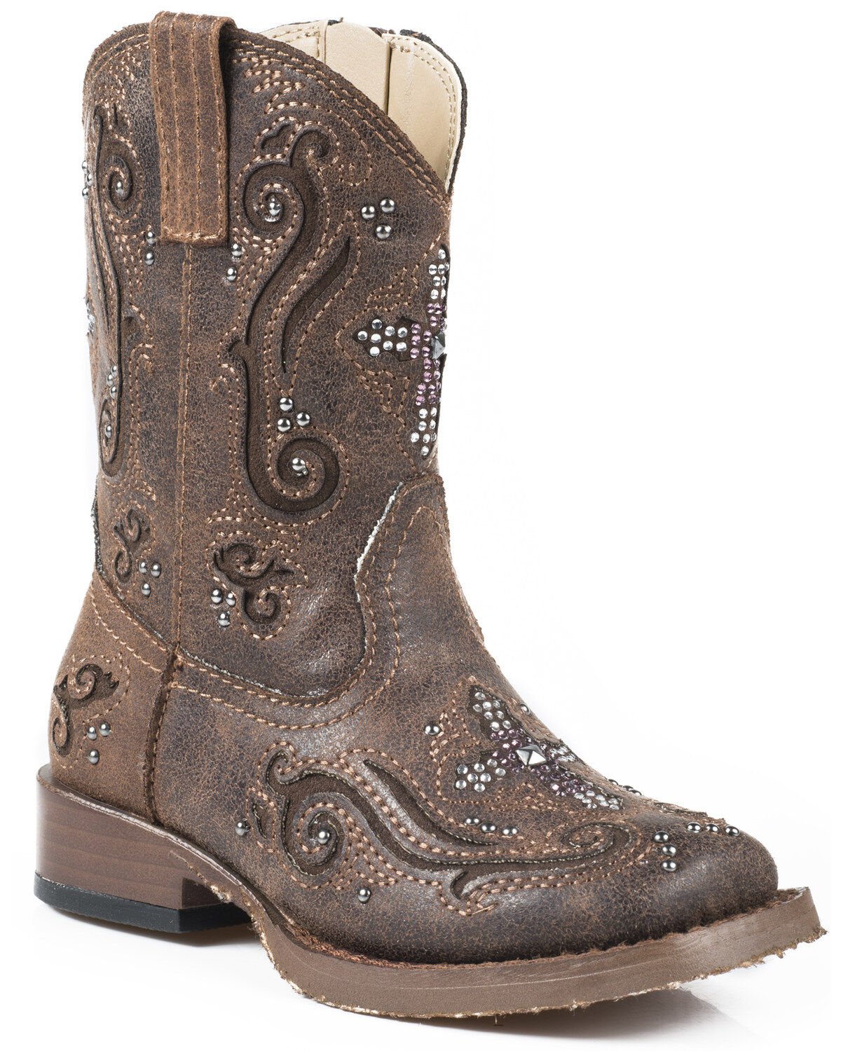 Roper Toddler Girls' Crystal Cross Inlay Western Boots - Square Toe, Brown, hi-res