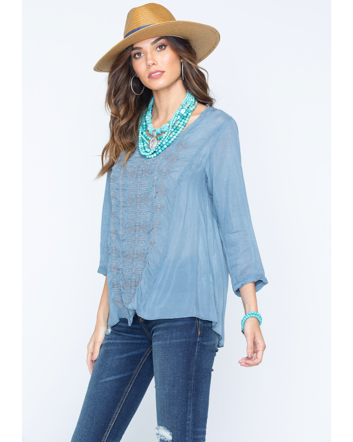 Image #5 - Ryan Michael Women's Embroidered Cupra Rayon Top, Navy, hi-res