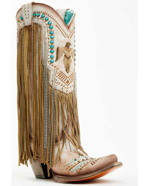 Corral Women's Embroidered and Crystal Eagle Fringe Western Boots - Snip Toe, Beige, hi-res