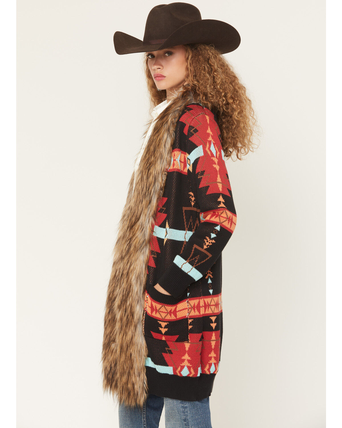 Panhandle Women's Southwestern Print Faux Fur Trim Cardigan