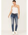 Miss Me Women's Dark Wash Mid Rise Embroidered Fleur De Lis Jeans, Dark Blue, hi-res