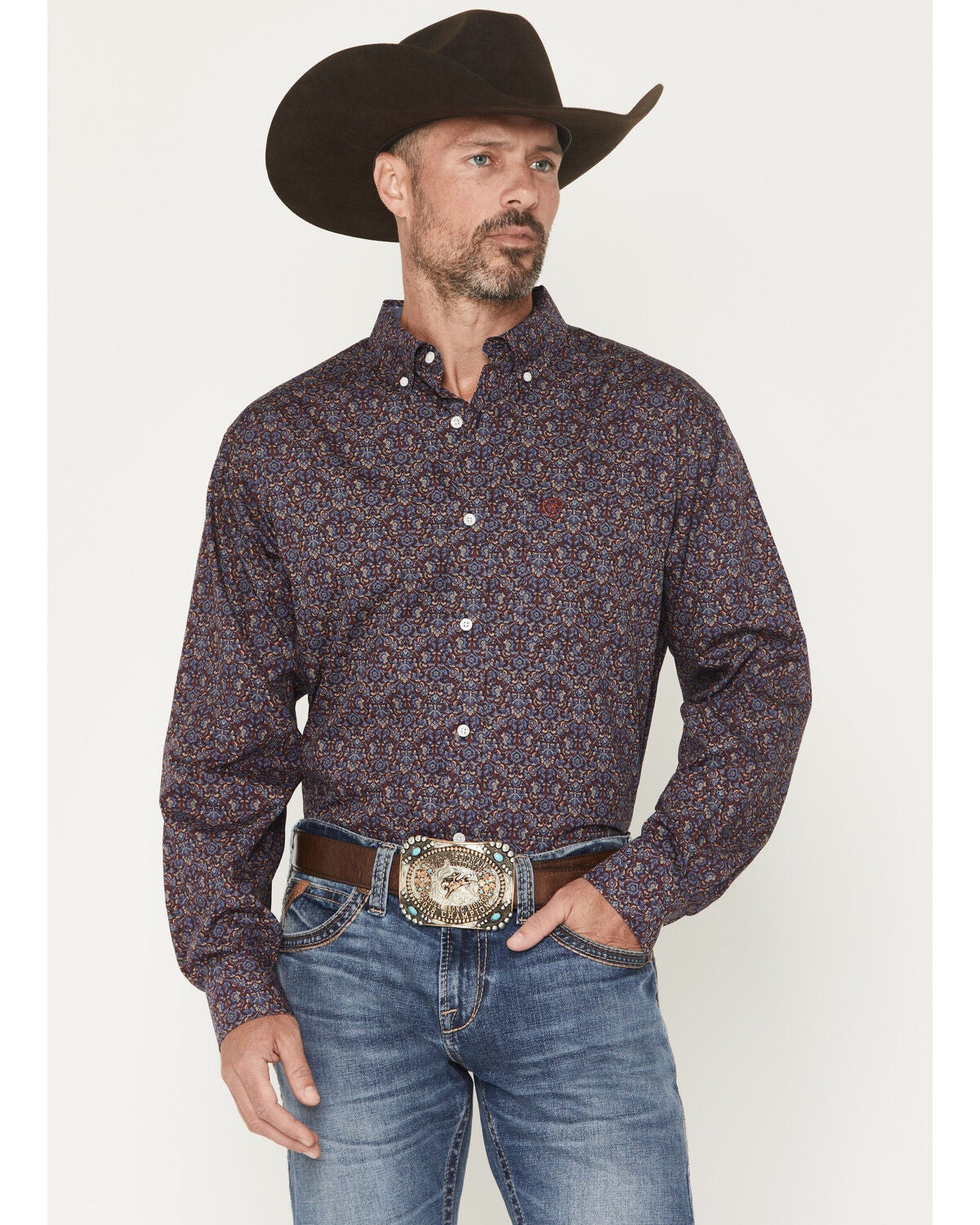 Ariat Men's Wrinkle Free Brendan Floral Print Long Sleeve Button-Down Western Shirt - Tall, Blue, hi-res