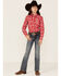 Panhandle Girls' Cowboy Steer Print Long Sleeve Western Snap Shirt, Red, hi-res