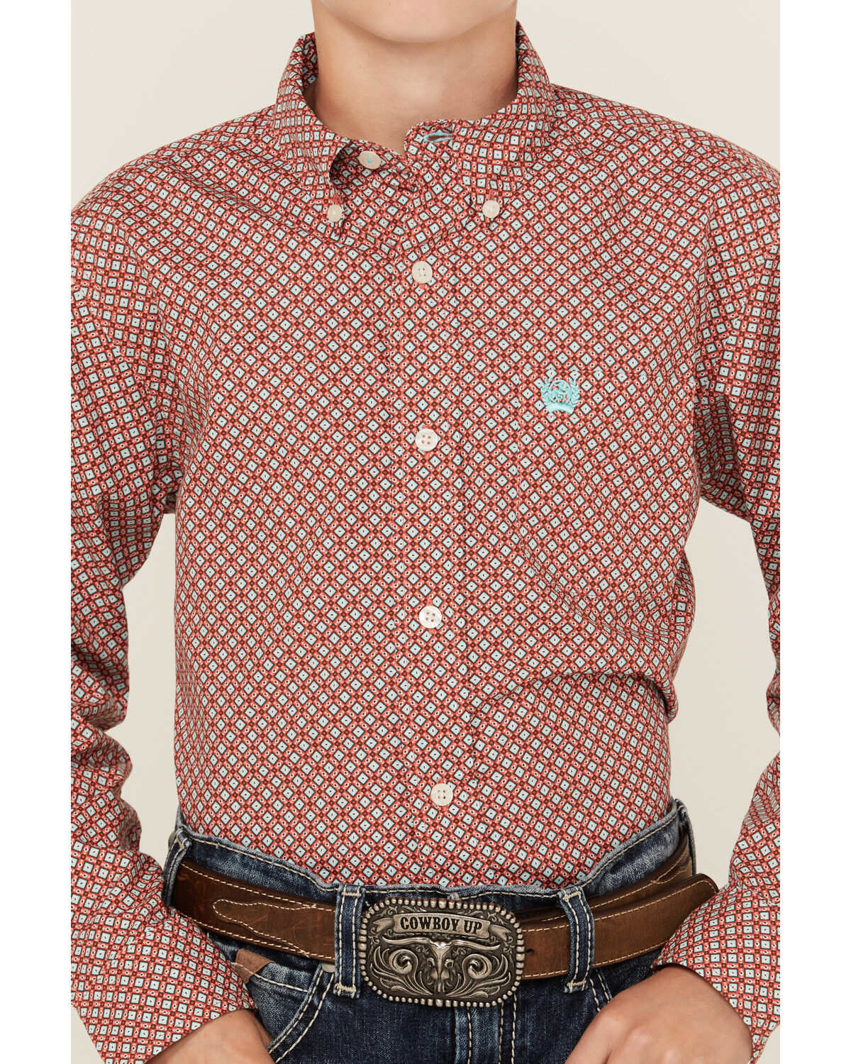 Image #3 - Cinch Boys' Geo Print Long Sleeve Button-Down Western Shirt, Red, hi-res