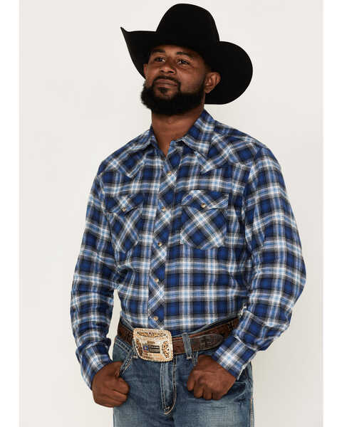 Wrangler Retro Men's Plaid Print Long Sleeve Snap Western Flannel Shirt , Blue, hi-res